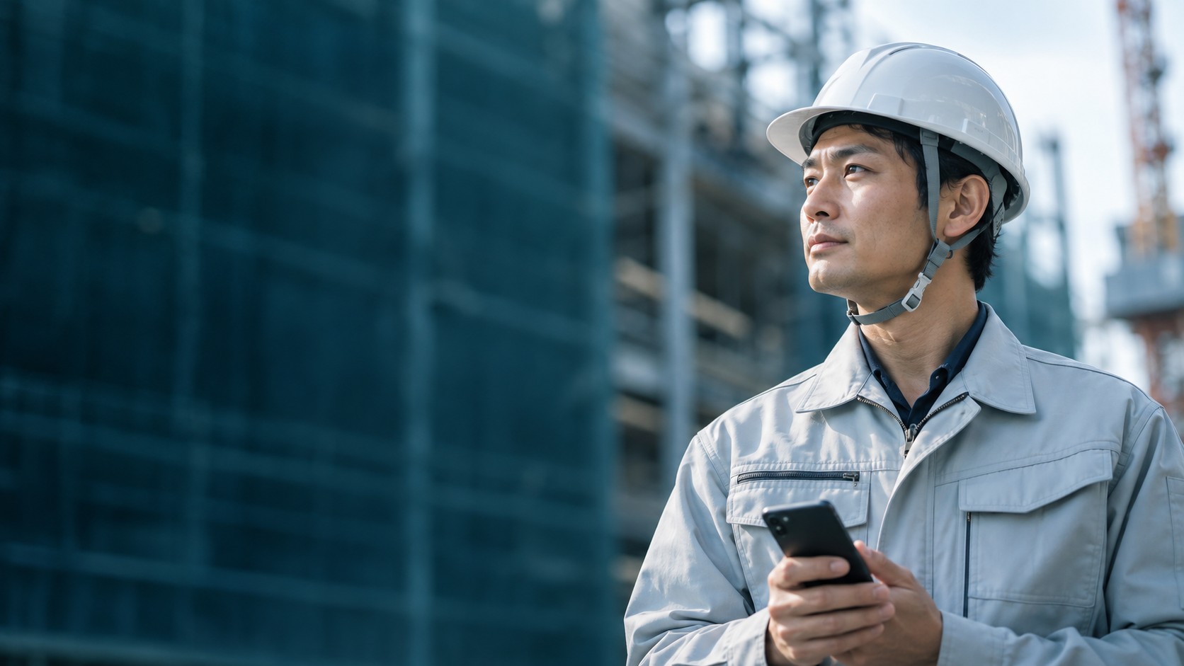 スマートフォンを手に建設現場を見守る現場担当者のイメージ